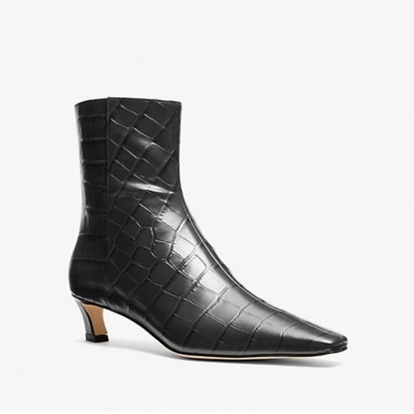 Michael Kors Black Cosmo Crocodile Embossed Leather Kitten Heel Bootie Boots 7 - Picture 1 of 8